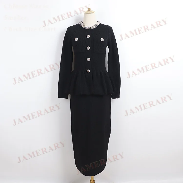 고급스러운 다이아몬드 장식 니트 투피스 세트 여성 니트 스웨터 롱 드레스 반팔 가디건 스커트 슈트