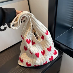 Fashion Heart Shape Pattern Knit Tote Bag Retro Women's Handbag Large Capacity Female Woven Shopper Purse Travel Bag