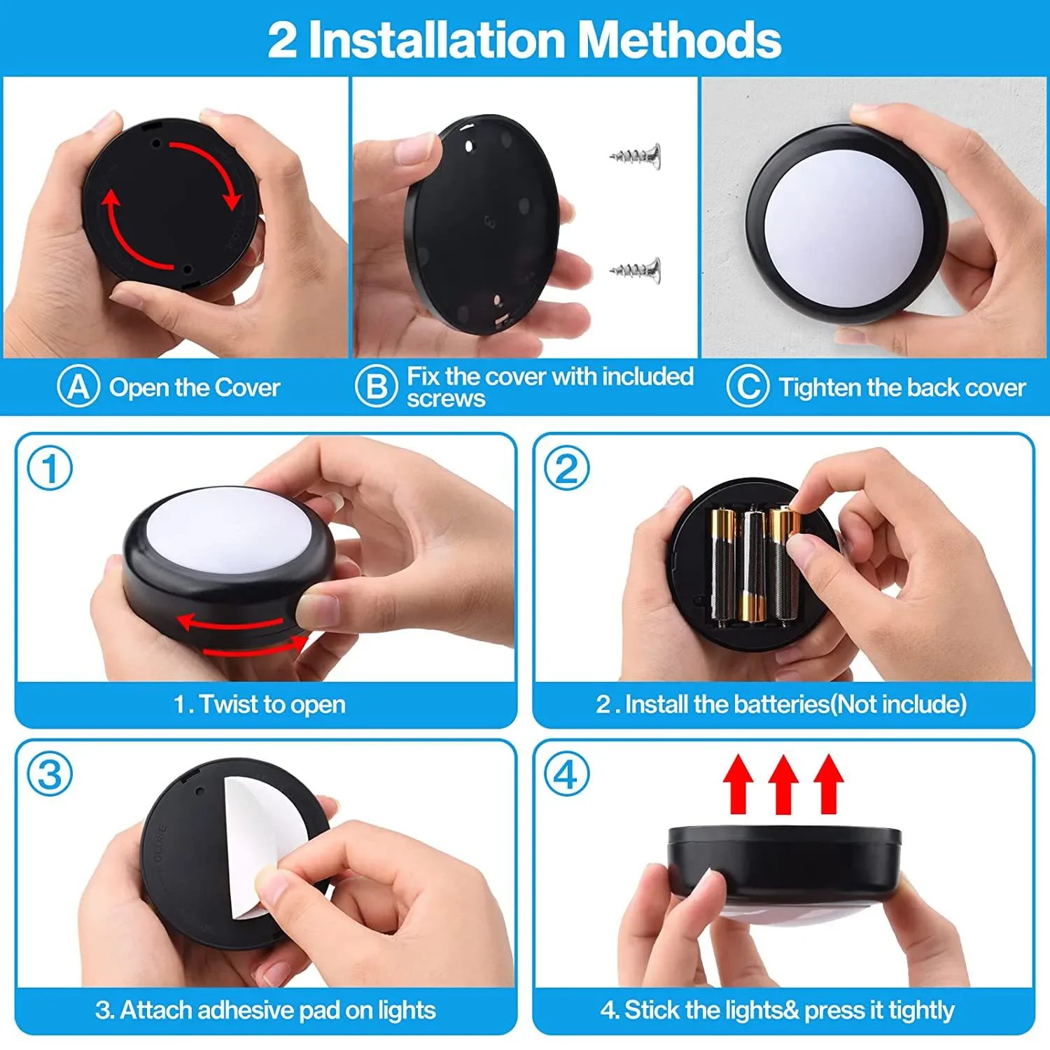 1-6Pcs RGBW LED Puck Night Lights Remote Control Dimmable Under Cabinet Light Battery Operated Wireless Push Lamp Kitchen Closet