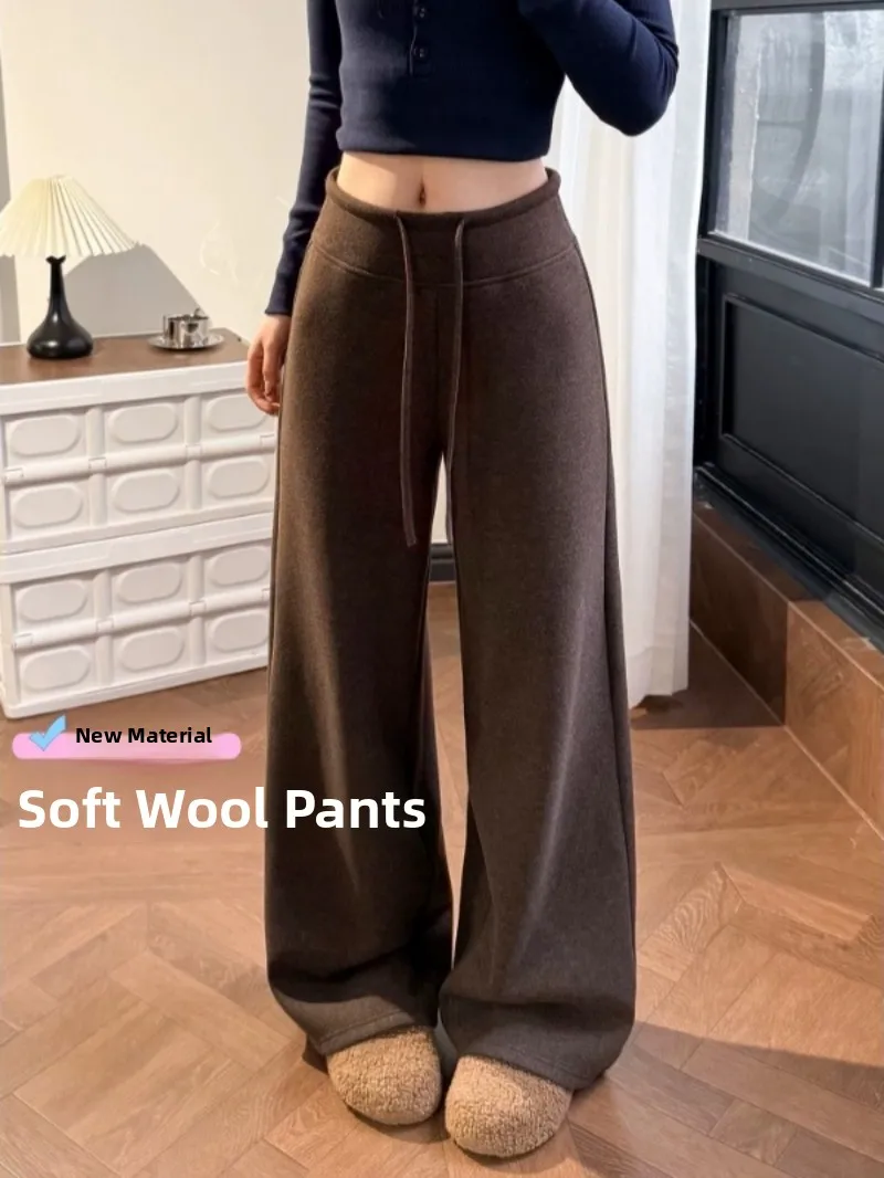 High Waist Acetate Wool Pants Women's 2026 Spring Autumn Mural Brown Wide Leg Pants Draped Slim Straight Casual Trousers