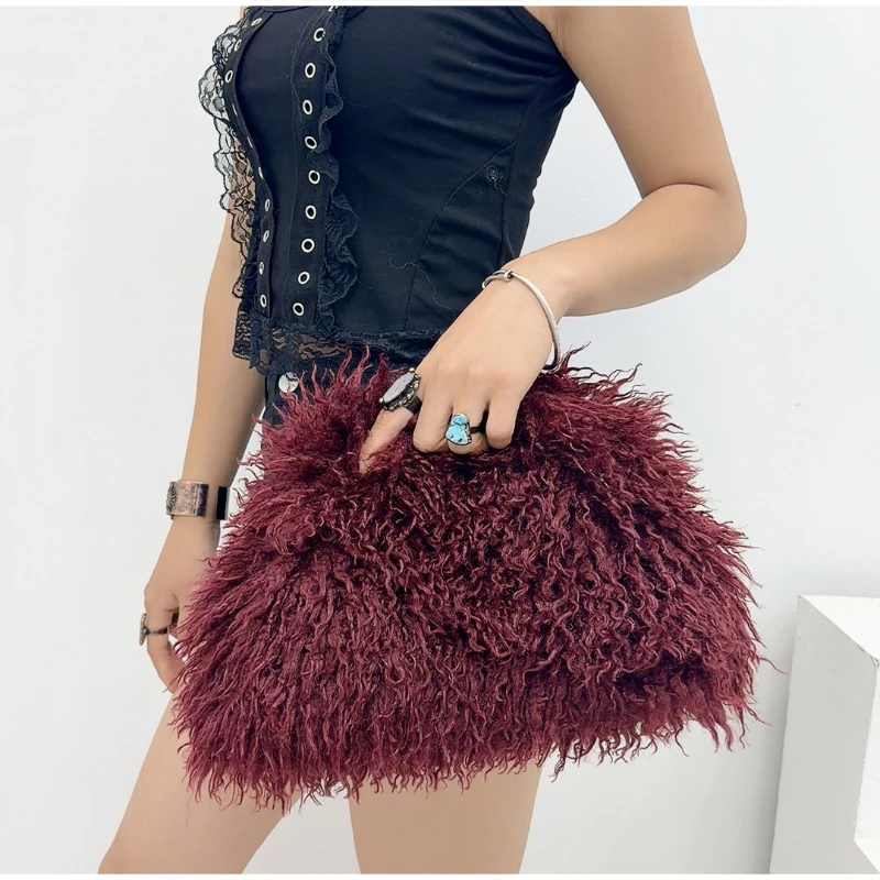 Lange, lockige, flauschige Kunstfell-Clutch-Tasche, Damen-Handtasche mit plissierter Wolken-Plüsch-Textur für Party, Hochzeit, elegante Abendtasche, Herbst-Winter – Detail 29