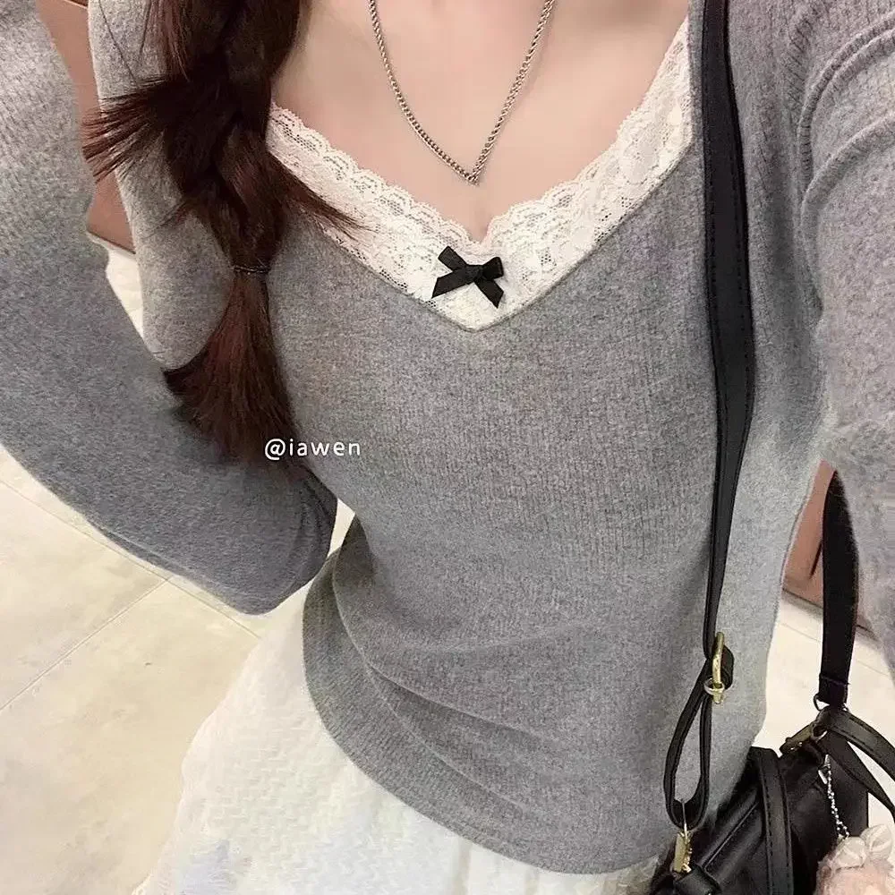 Spitze Patchwork Boden Unten Hemd Herbst Und Winter Frauen Langarm T-shirt Slim Fit Dicken Top