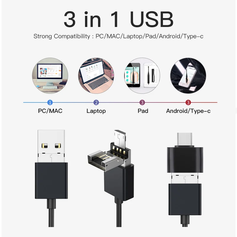 HD 1080P 3 in 1 Type-C Micro USB  2MP Endoscope Camera With 6 LED Home Care Inspection Tools and Pets for Android Phones PC