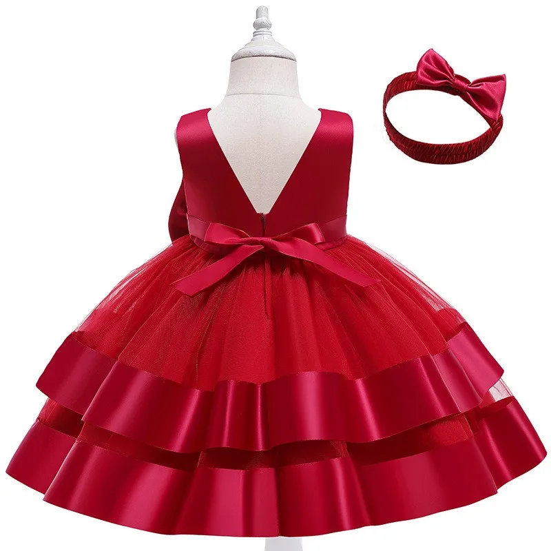 Satin Gauze Big Bow Baby Girls Princess Dress Summer Wedding Ball Christmas Birthday Party Costume Girl Dresses Gift (Headband)