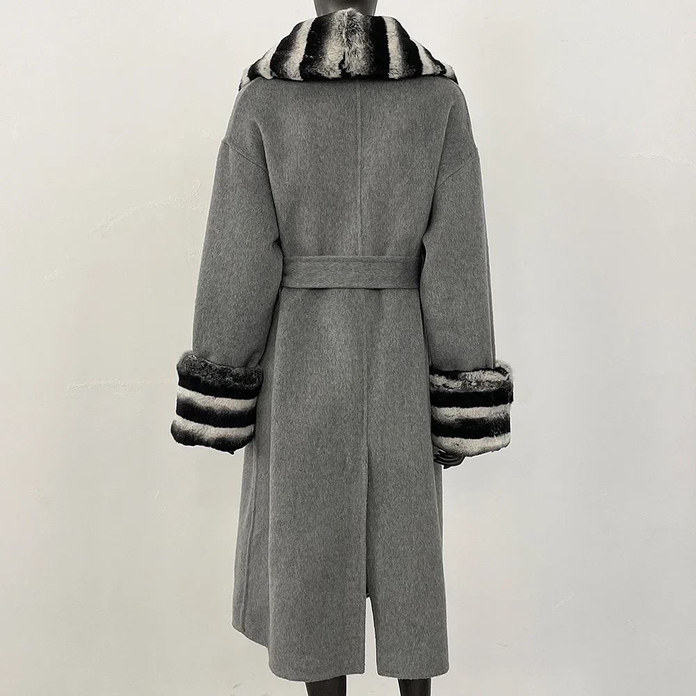 معطف صوف فرو أرنب ريكس حقيقي للنساء أنيق طويل من الصوف بأصفاد معطف صوفي مزيج من الصوف للربيع والخريف بياقة من الفرو الحقيقي