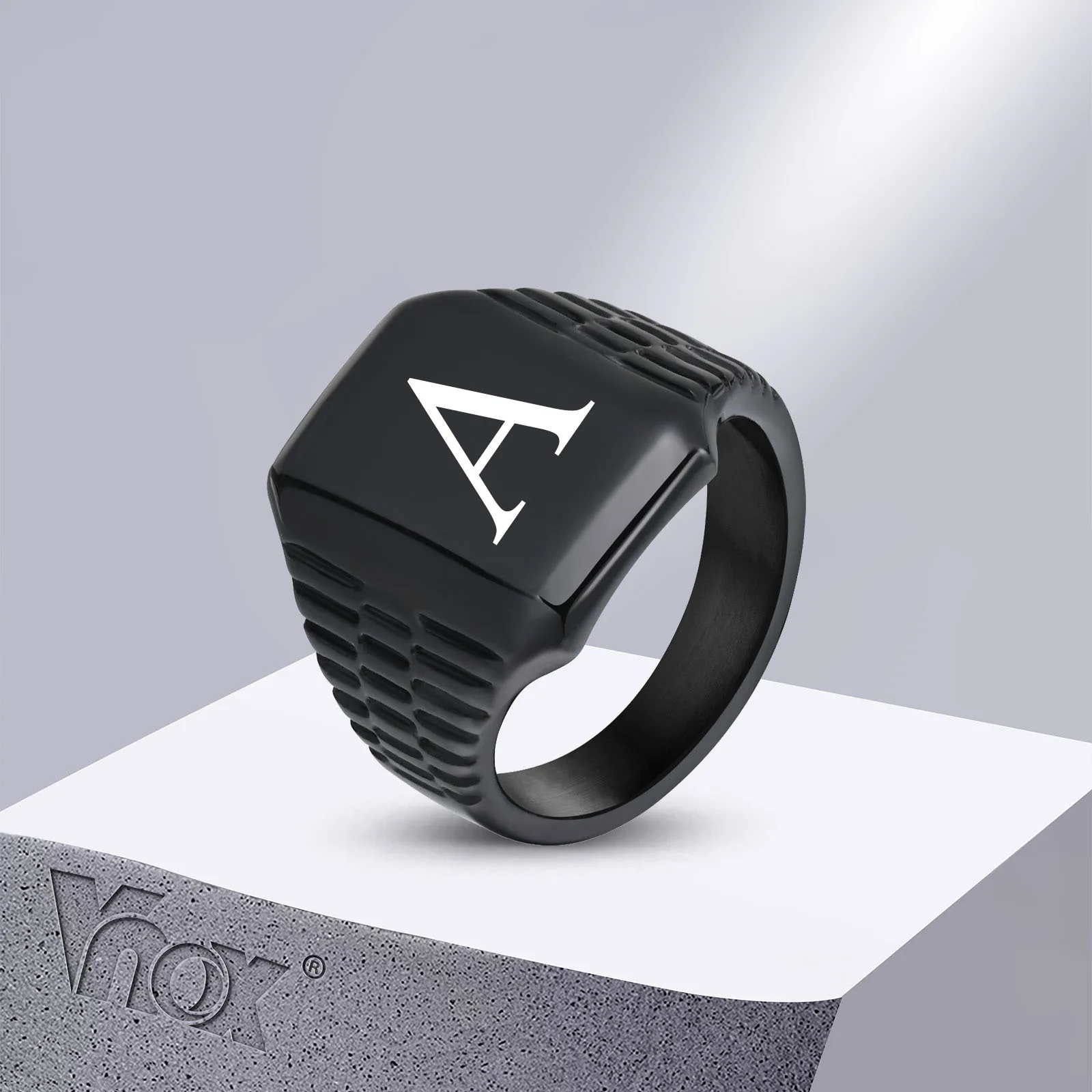 Vnox 17.5mm Chunky Men Signet Ring,Stainless Steel Geometric Stamp Ring,Watch Band Texture Finger Ring,Free Custom Inital Ring