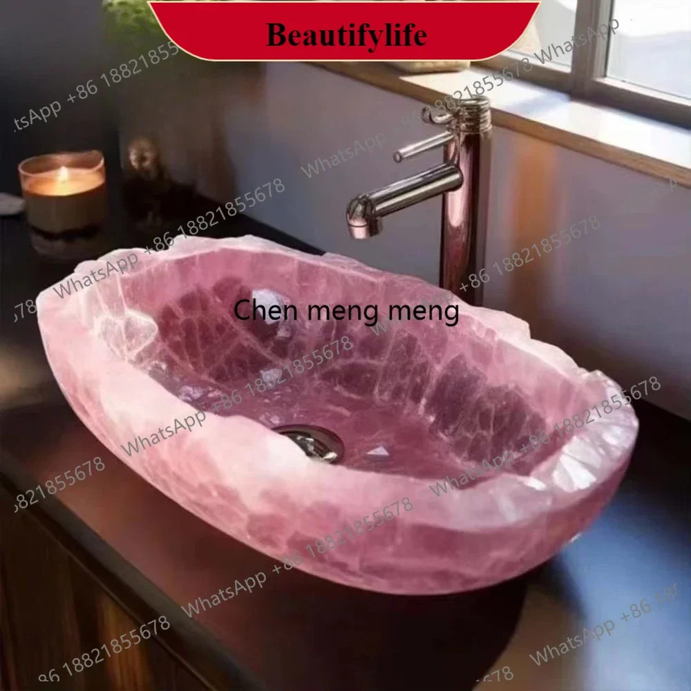 M138fgyHandmade Luxurious Gemstone Rose Quartz Bathroom Decorative Wash Basin Rose Quartz Bowl for Washing