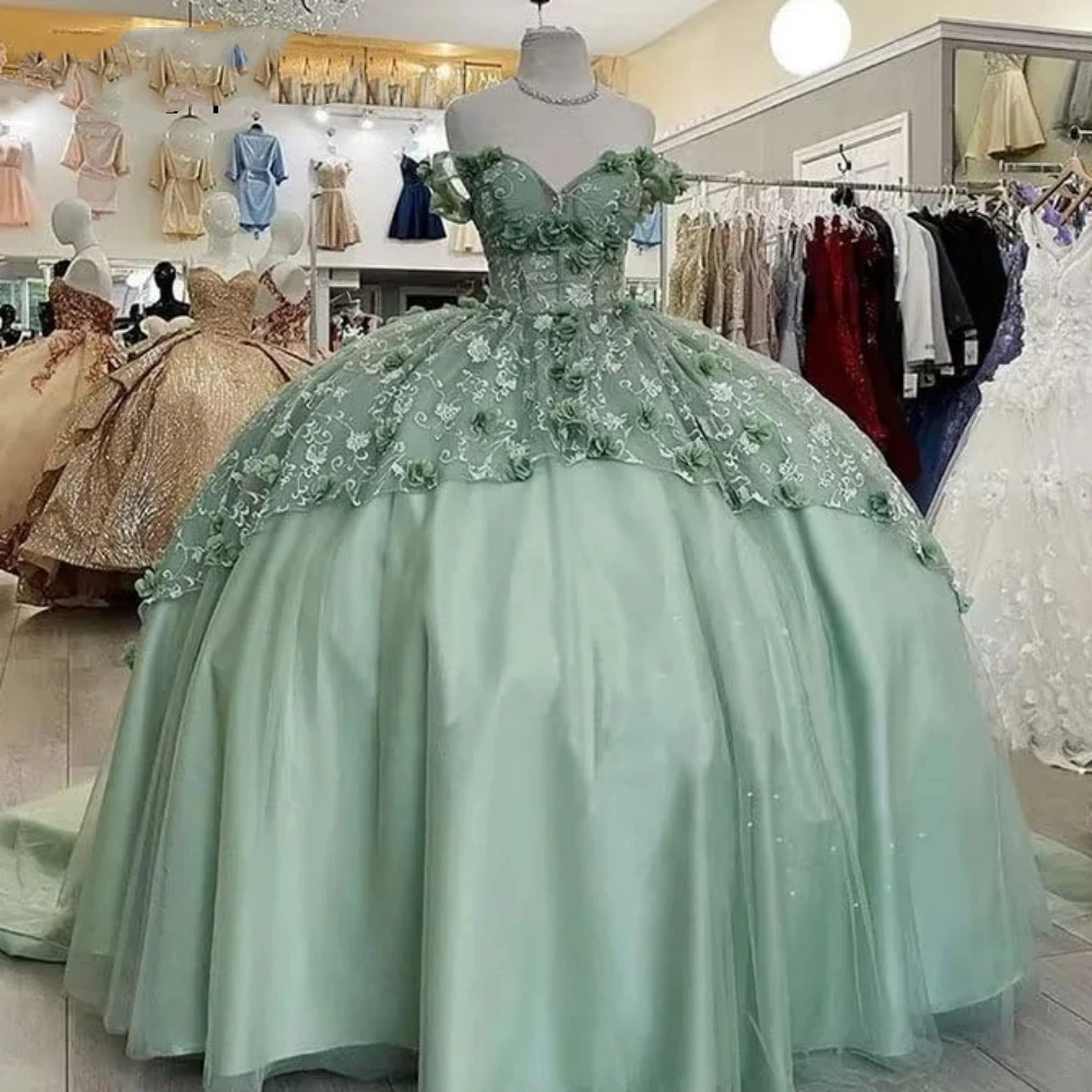 قبالة الكتف الأميرة فساتين Quinceanera ثلاثية الأبعاد الأزهار فستاين سهرة/فساتين الحفلات للنساء الدانتيل والساتان حفلة موسيقية مع قطار الحلو 16 فستان Vestidos