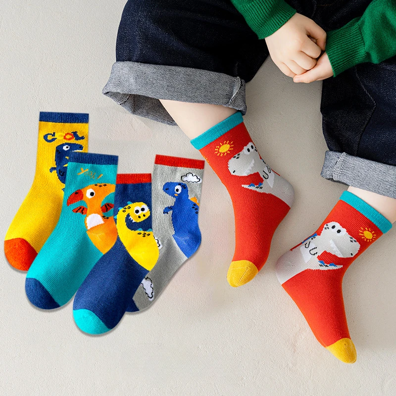 5Pairs Children\'s Socks Cute Cartoon Dinosaur Theme Baby Boy Mid Tube Cotton Soft Infant Spring Autumn Kids Student Floor Socks