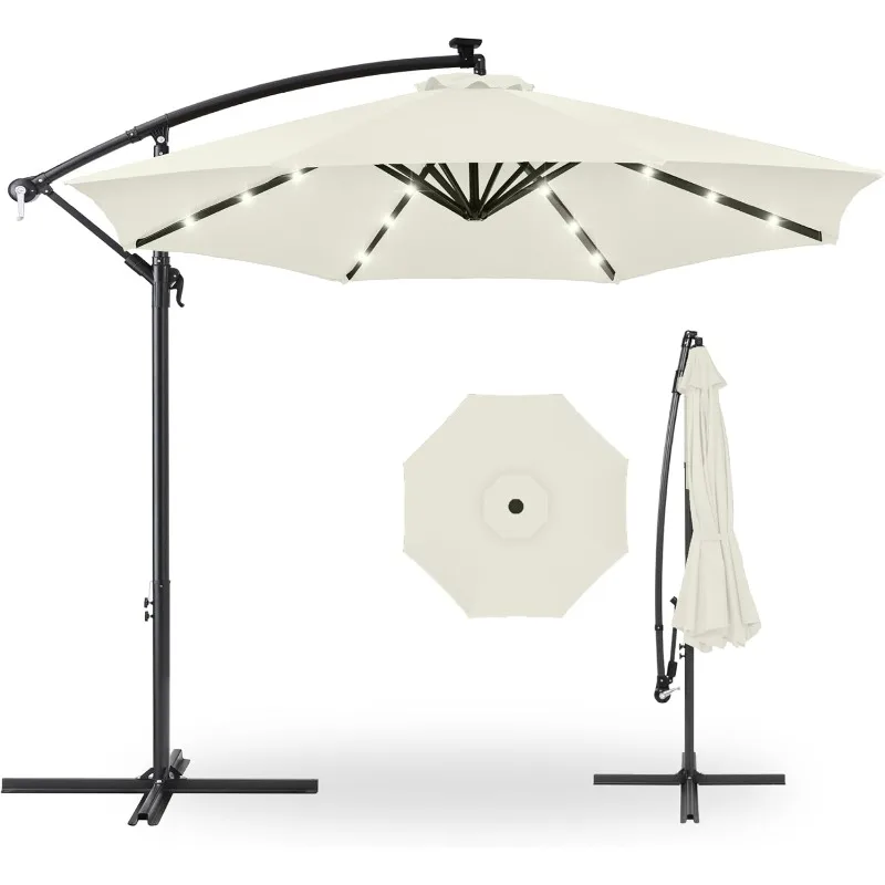 Best Choice Products 10ft Solar LED Offset Hanging Market Patio Umbrella w/Easy Tilt Adjustment, Polyester Shade, 8 Ribs - Ivory