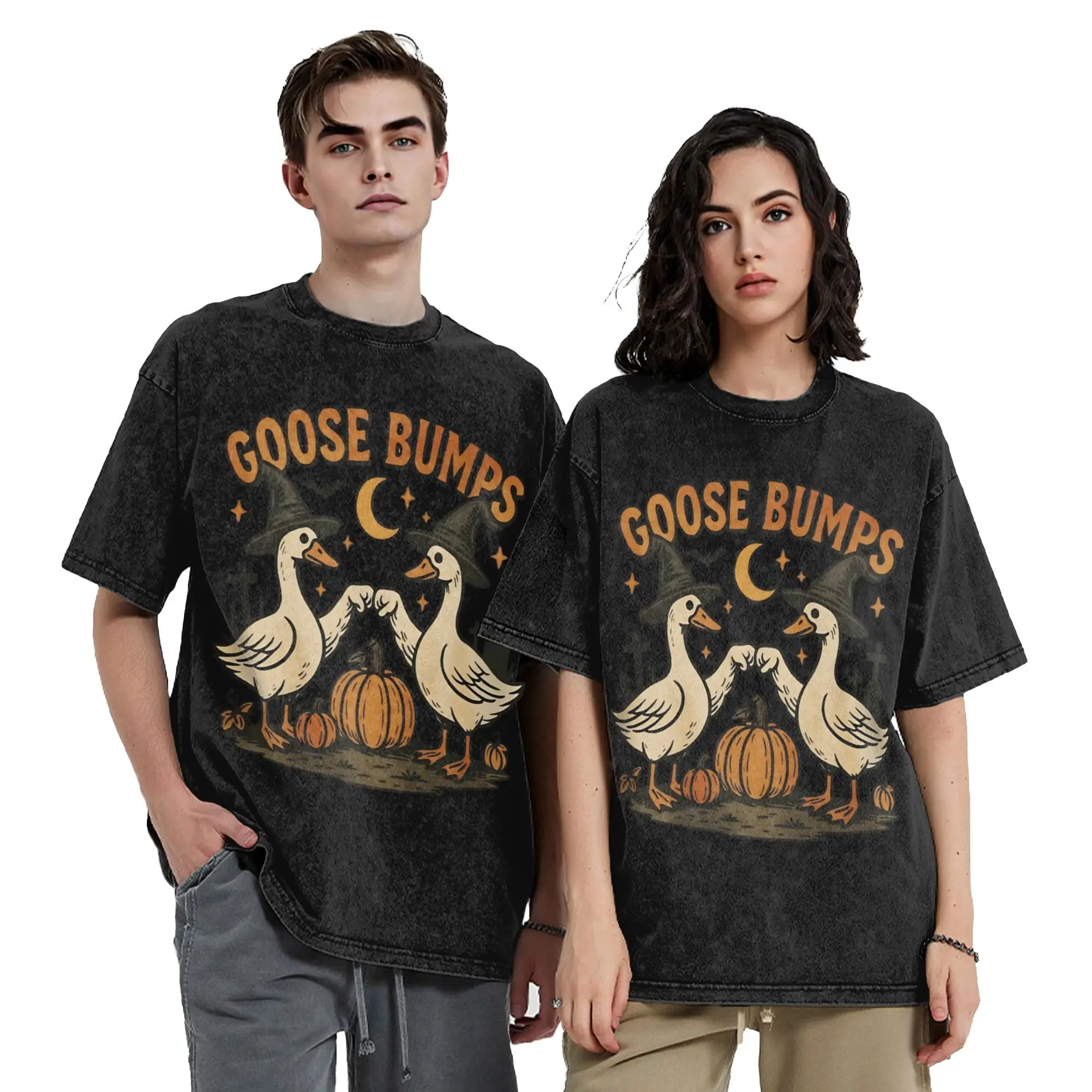 Goose Bumps Witch Geese Pumpkin T Shirt Hip Hop Washed Oversize T-Shirts Halloween Fashion Men Women Tops Streetwear Graphic Tee