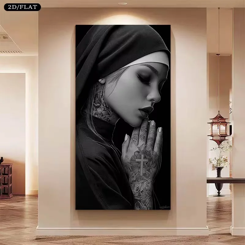 2D Flat, 2D Flat, Large Canvas Print Featuring a Tattooed Nun, Measuring 31.49X62.99 Inches Or 80X160 Cm, Perfect for Home Decor