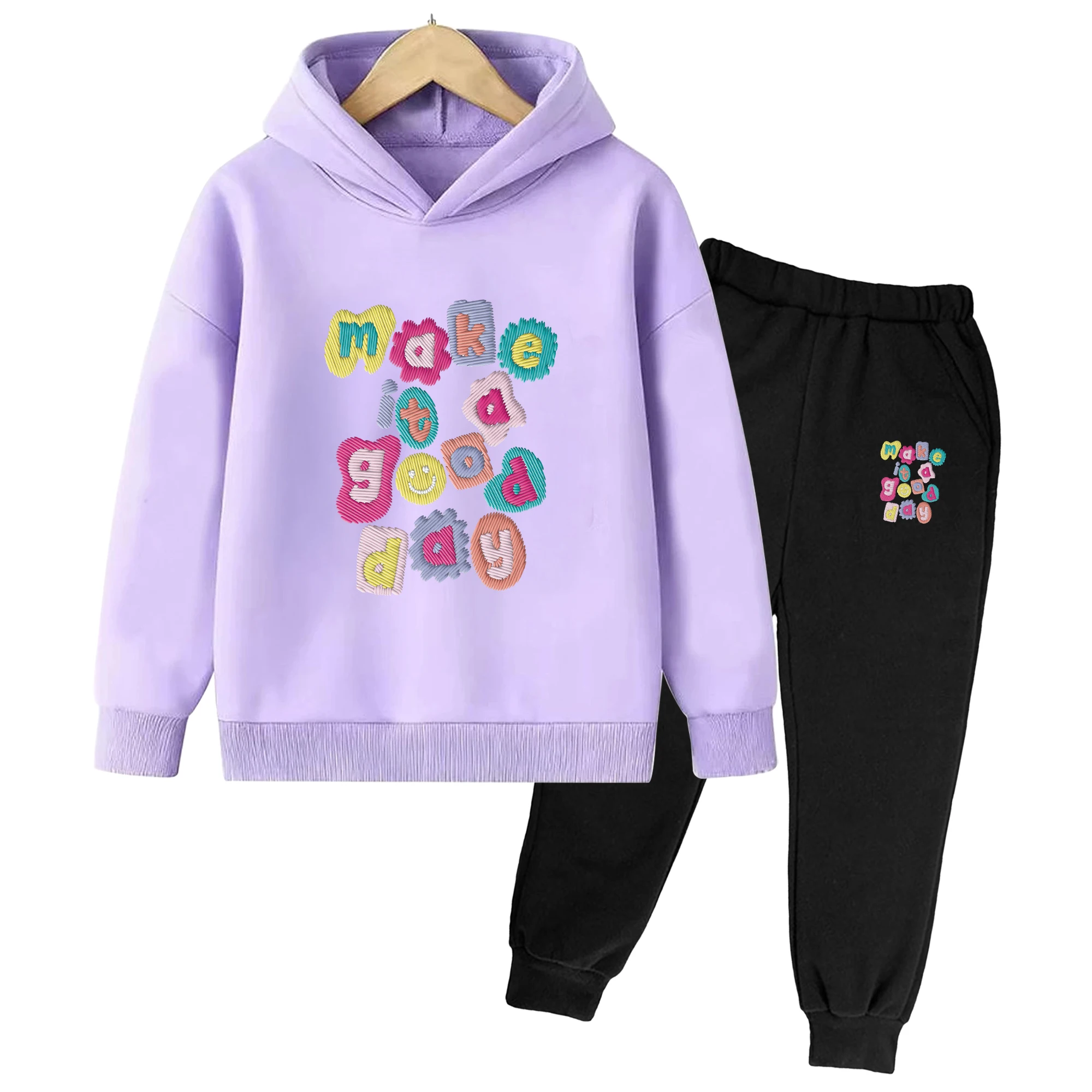 Children Clothing Sets Make It Good Day Letter Smile Printed Boys Girls Hoodies + Sweatpants Suit 3-14Y Autumn Warm Fleece