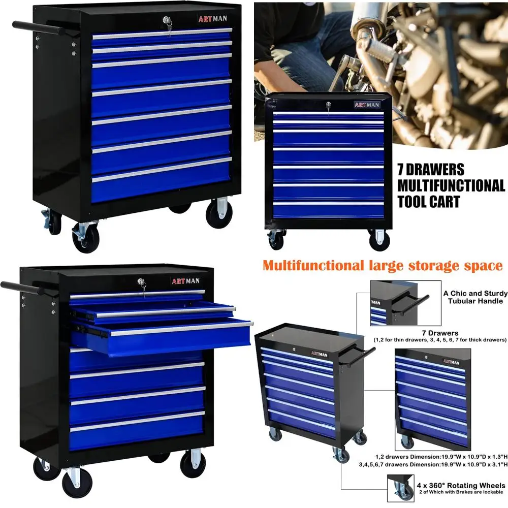 Commode à outils roulante multifonction avec 7 tiroirs, chariot de rangement robuste pour outils, chariot organisateur Mobile pour atelier Essent