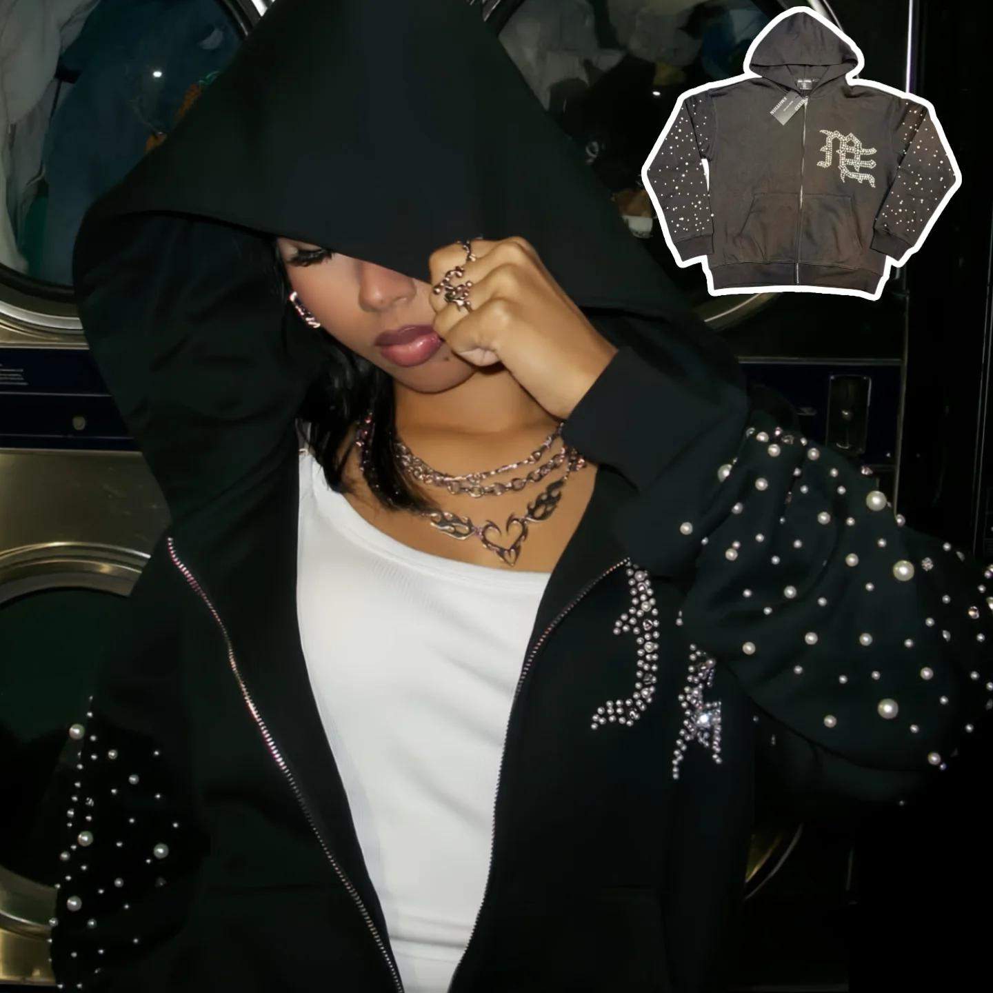 

Mixed Emotion American Style Retro High Street Pearl Rhinestone Hoodie Sweatshirt Trendy Loose Fit Long Sleeve Unisex Jacket