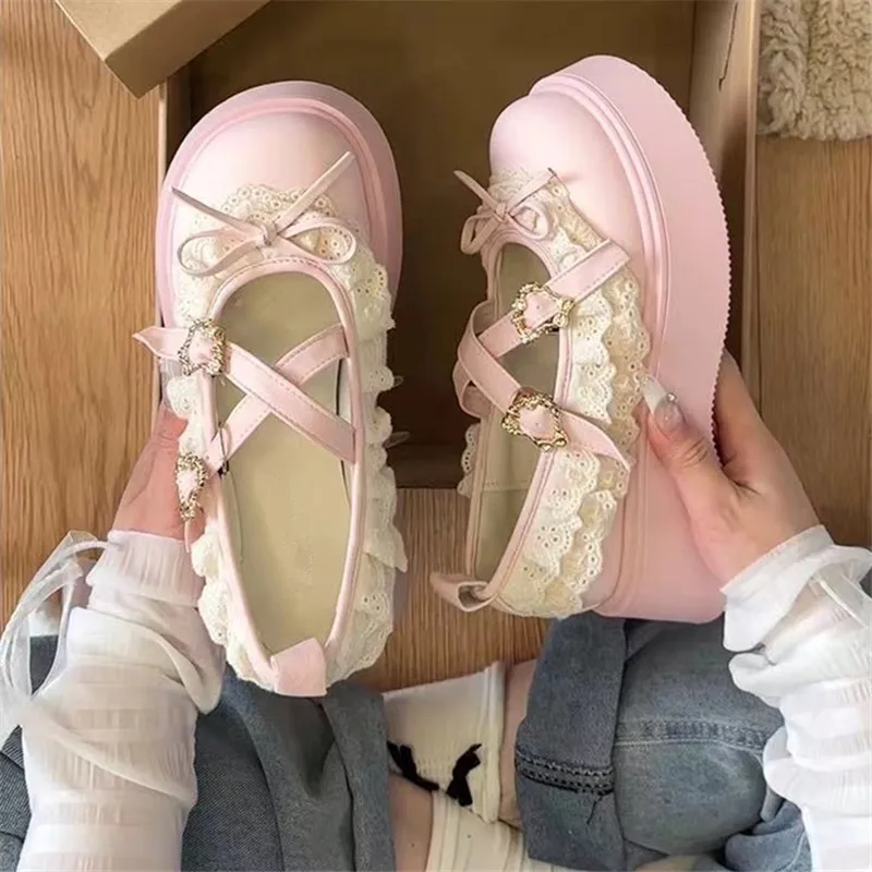 Pink Princess Style Lolita Thick Bottom Heightening Mary Janes Single Shoes Summer 2025  Knot Flat Heels Fashionable...