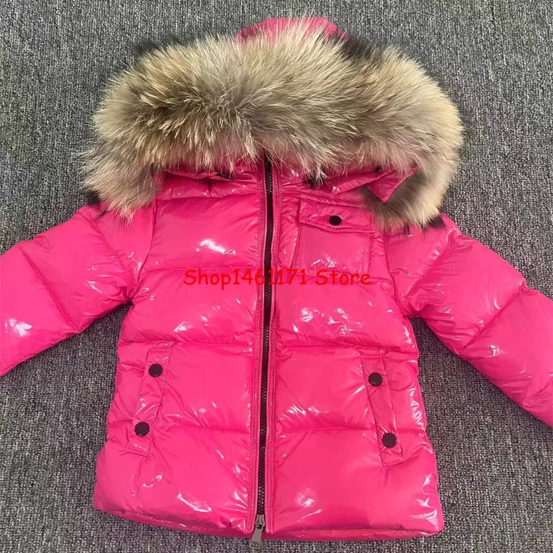 Children\'s Winter Down Jacket Shiny Luxury Natural Fur Collar Toddler Boys Hooded Coat Baby Girls Warm Snowsuit Kids Parkas