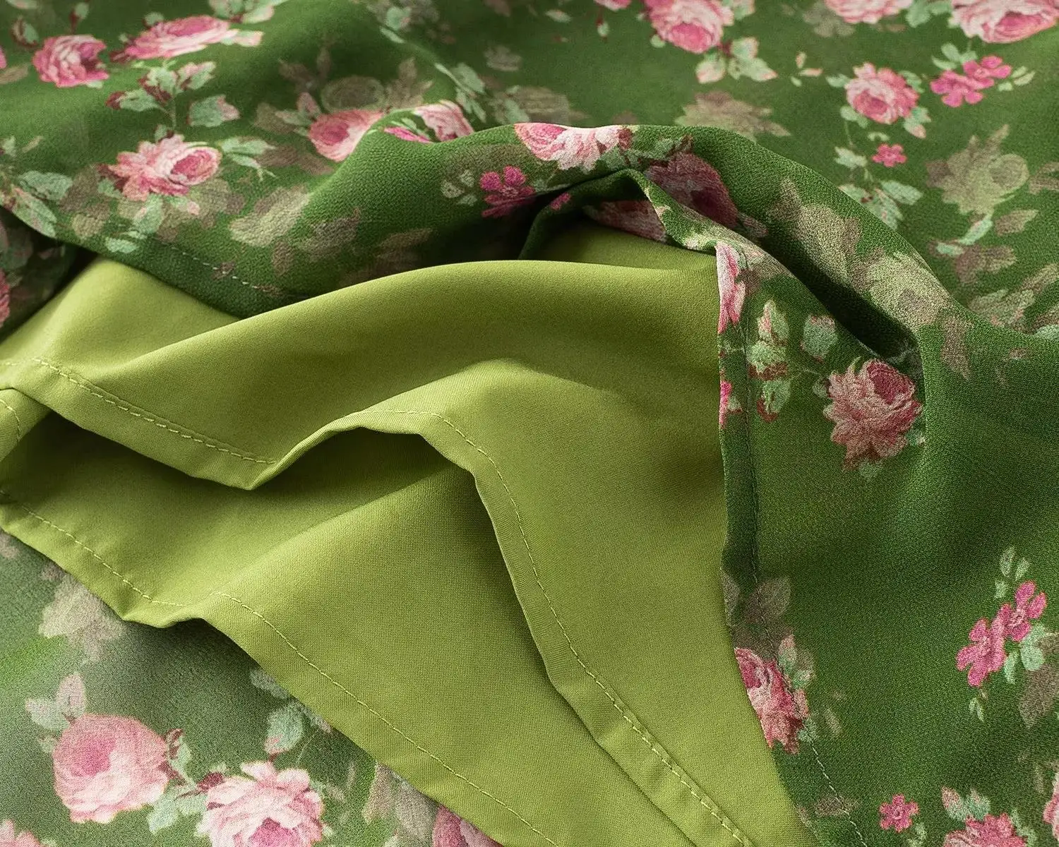 夏の花柄グリーンシフォンドレス女性スパゲッティストラップミディドレス