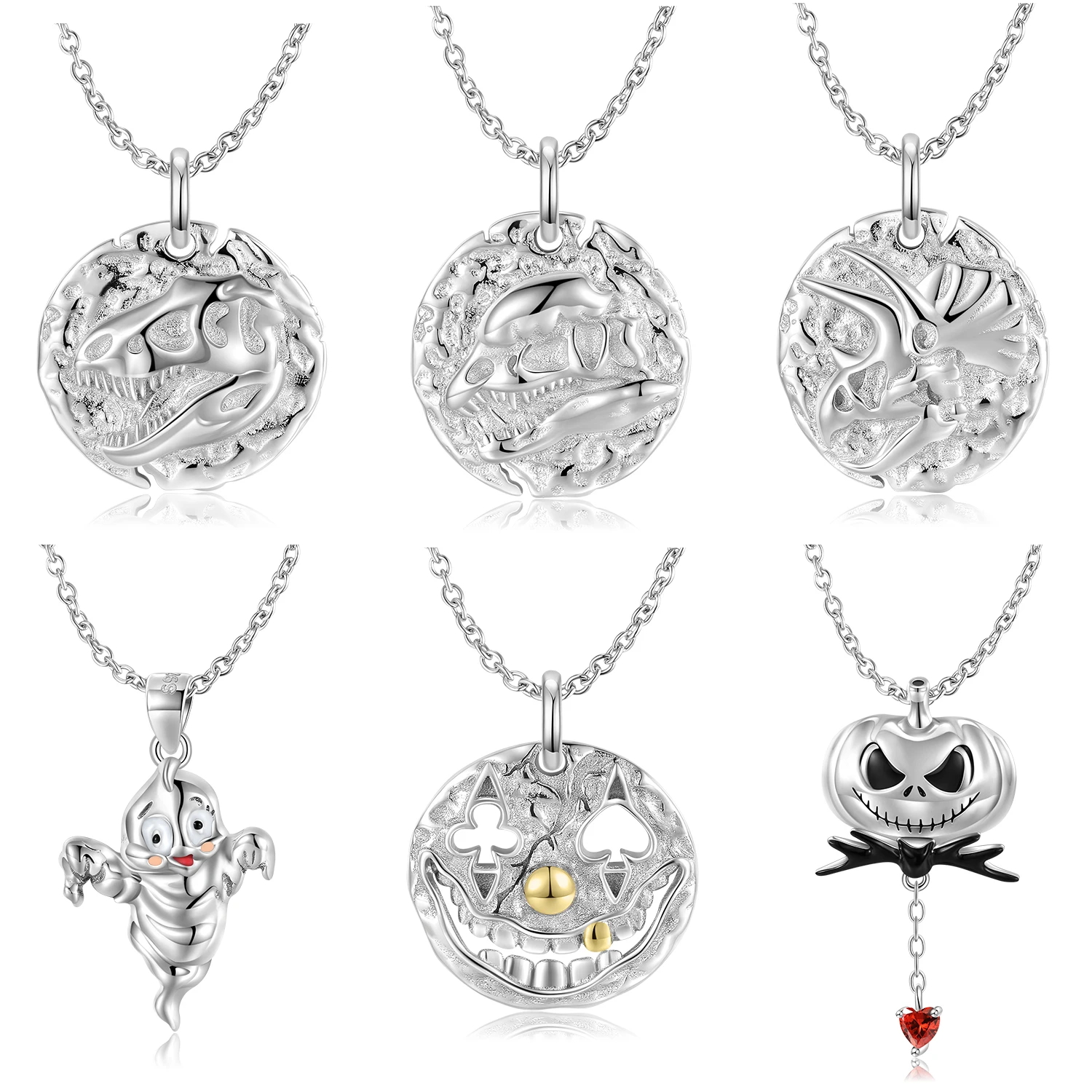 

JIUHAO 925 Sterling Silver Halloween Dinosaur Skeleton Smiling Clown Pendant Necklace Jewelry Necklace Chains Accessories