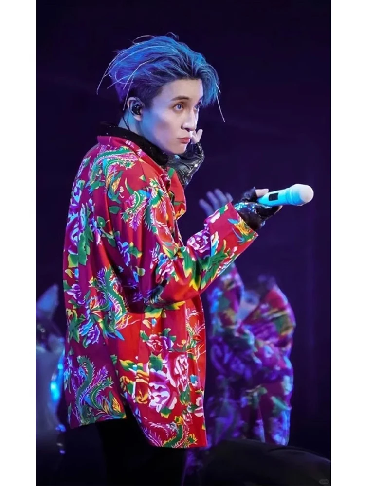 

Qijing молодежный повседневный костюм с цветочным принтом для мальчиков, модный джинсовый костюм большого размера Haome, китайский длинный свек, модное пальто со стойкой