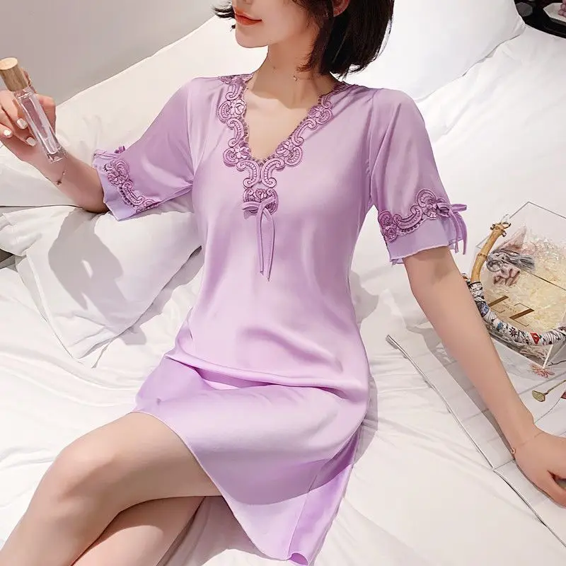 Short Sleeve Nightgowns Women Chic Lace V-neck Sweet Female Sexy Thin Homewear Stylish Korean Style Gentle Charming Nightdress