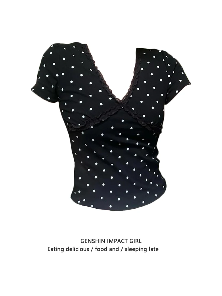 Sweet And Spicy Black Polka Dot Lace Trim V Neck Short Sleeve T Shirt Women's Slim Fit Short Length Versatile Top Trendy Summer