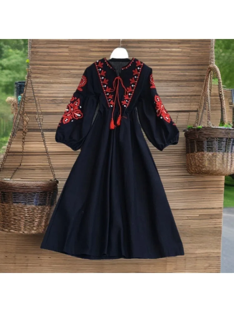 

Women Autumn Dresses Bohemian Embroidered Flower O-Neck Lantern Sleeve High Waist Pleated Dress All-match Female Vestidos