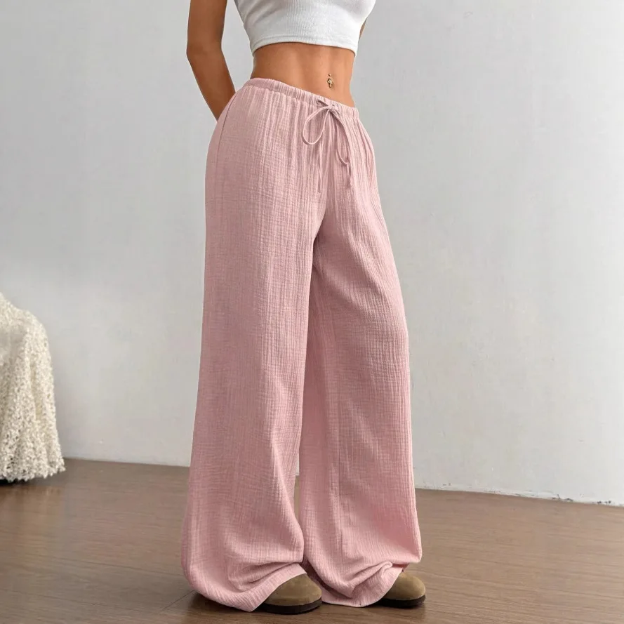 女性用カラールーズワイドレッグカジュアルパンツ、ローウエスト、無地、春シーズン、レディースファッション、ルーズ、PVC素材