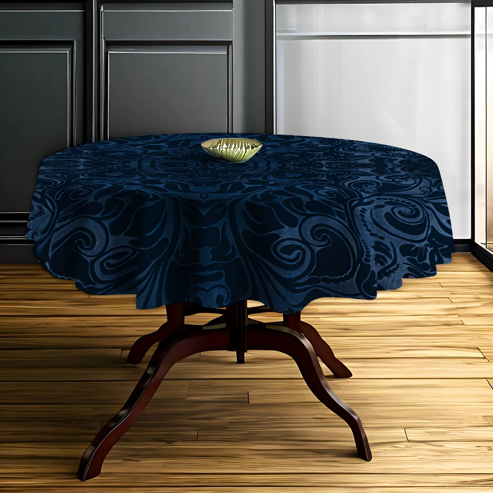 2D flat tablecloth 1 piece - Navy blue and gold round tablecloth - Elegant marble pattern swirl design yzb