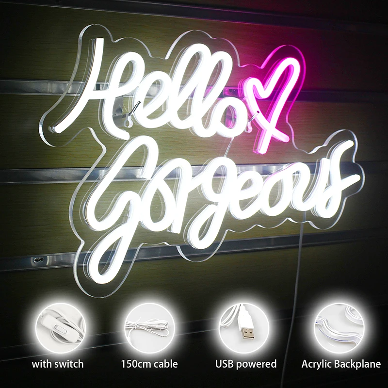 Hello Gorgeous Neon Sign LED Room Wall Decor, USB 62, Acrylique avec interrupteur, Kids Room, Party Bar, Club Decor