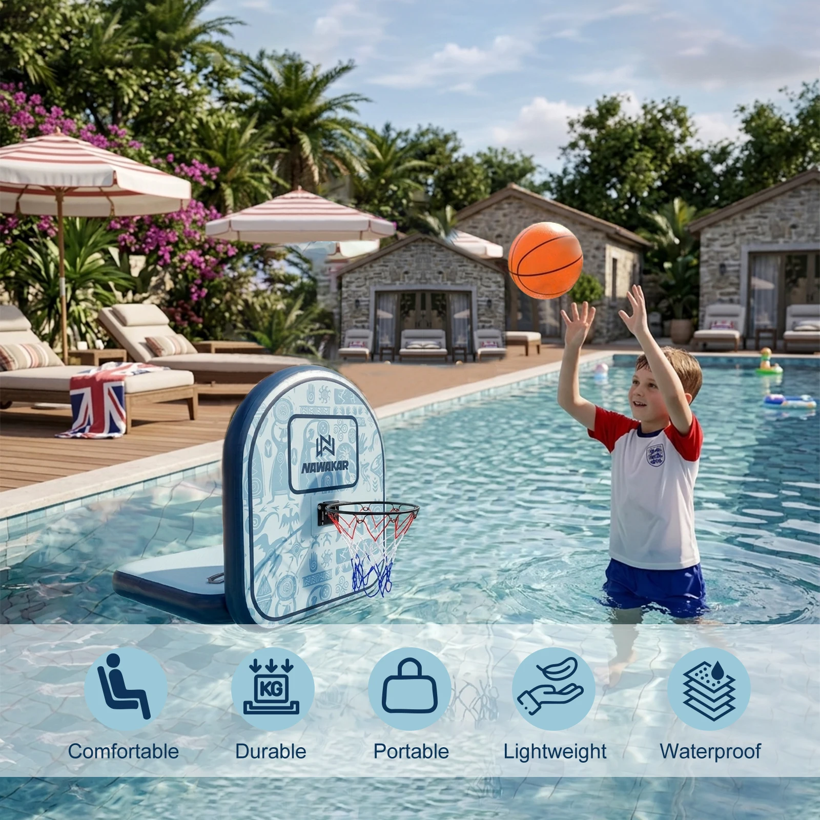

Inflatable water basketball hoop is a lightweight, fun and multi-purpose swimming and throwing toy, suitable for outdoor water party games with family, friends and children