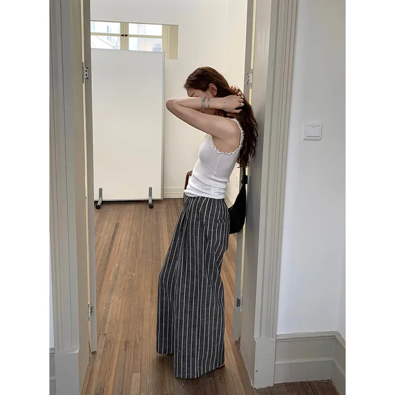 2024 Spring and Summer New Cotton and Linen Striped Casual Pants for Women Slim and Wide Leg Straight Leg Pants