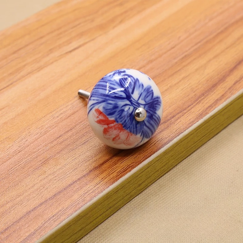 Vintage Hand Painted Blue Porcelain Drawer Cabinet Door Handle Antique Art Design