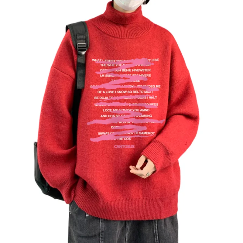 Suéteres masculinos de grandes dimensões outono camisola de malha branca gola alta 5xl carta impressão casual wear para homem pulôveres de malha roupas masculinas