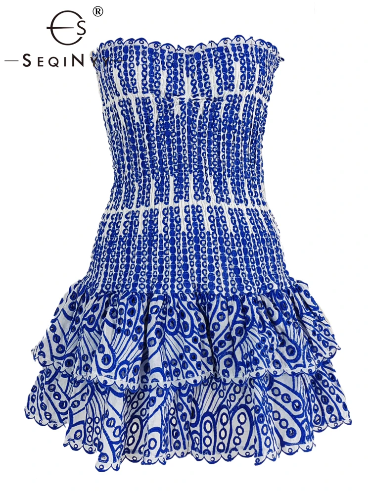 

SEQINYY Elegant Mini Dress Strapless Summer Spring New Fashion Design Women Runway High Street Embroidery Hollow Out Ruffles