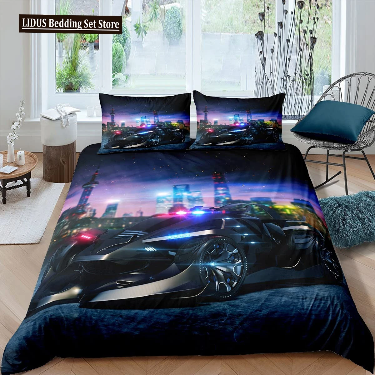 Police Car Duvet Cover Cartoon Set Car Blue Grey Emergency Responder Vehicles Polyester Quilt Cover With Pillowcases King Size