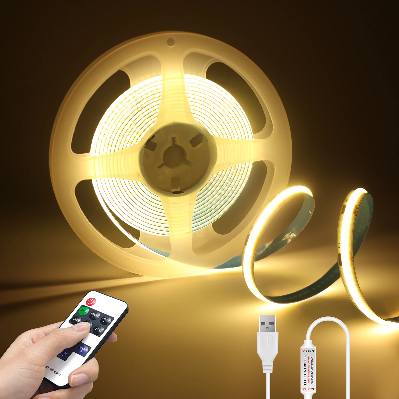 DC5V COB LED Strip with Dimmable Remote Control 2/3/5M White/Warm White COB Strip Light For Indoor Home Cabinet Decor Lighting