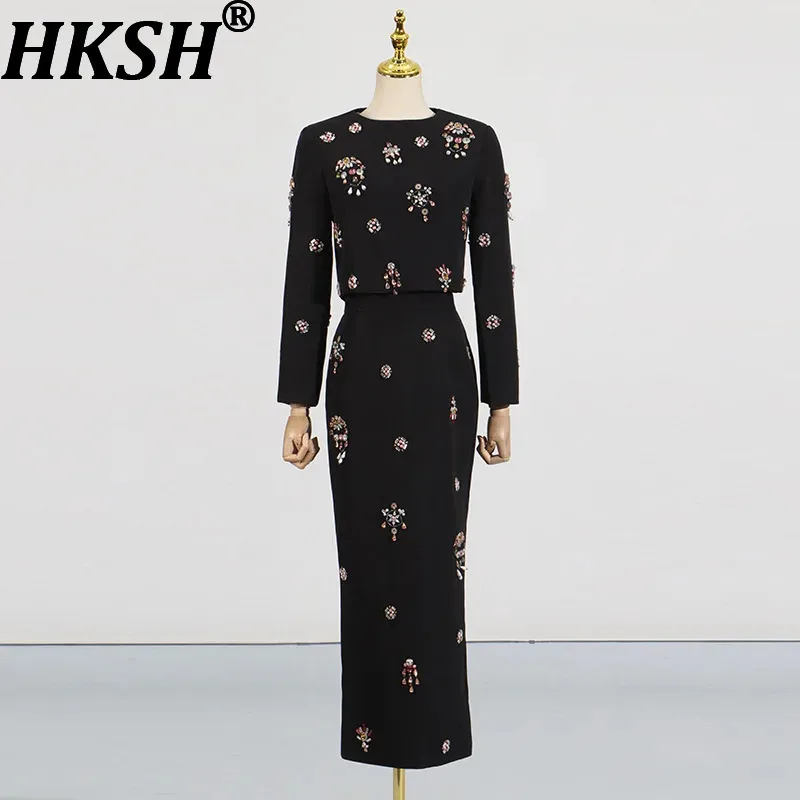 

HKSH Весна Лето Новый женский облегающий комплект из двух предметов Элегантный топ с круглым вырезом на молнии и длинными рукавами Роскошная юбка с бриллиантами HK8287