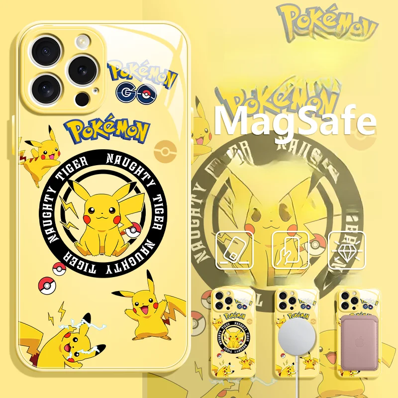 Чехол для телефона PokéMon из закаленного стекла в стиле аниме Пикачу MagSafe для iphone 17 Air 16 15 14 Plus 13 12 11 Cute Bulbasaur Charmander Cover