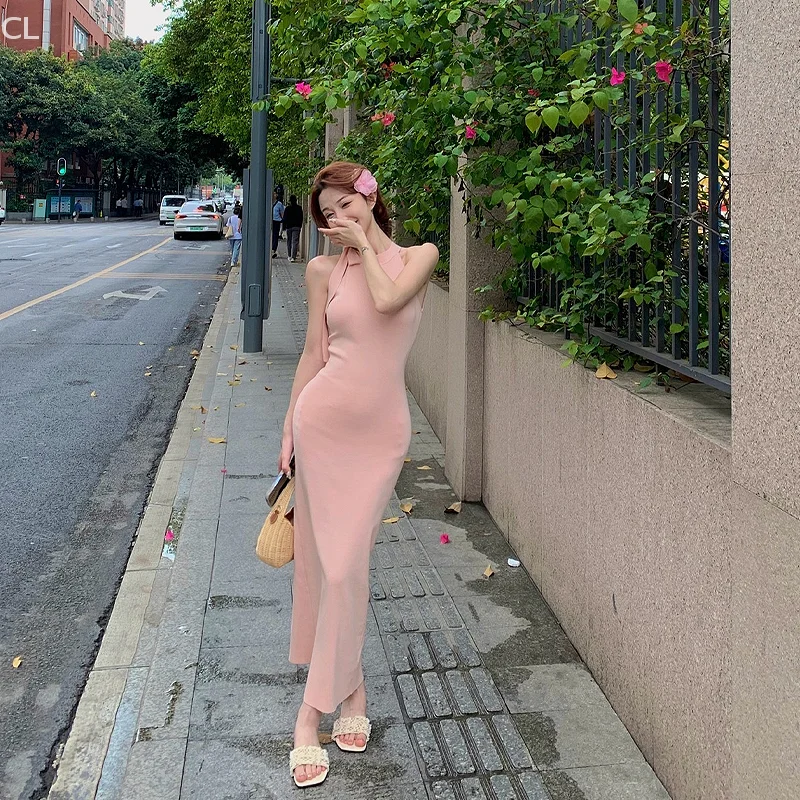Ins Style coréen couleur unie robe femmes été mince élastique fille chaude rose fente taille hanche jupe longue