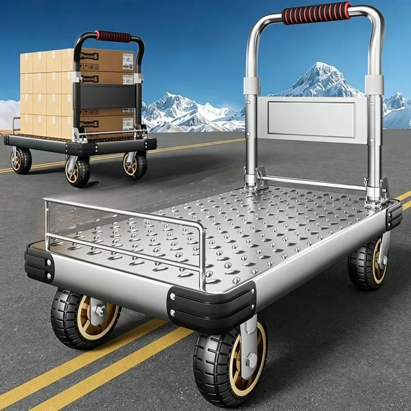Folding steel plate handcart with guardrail, silent wheel folding flatbed cart, household handcart, luggage cart with guardrail