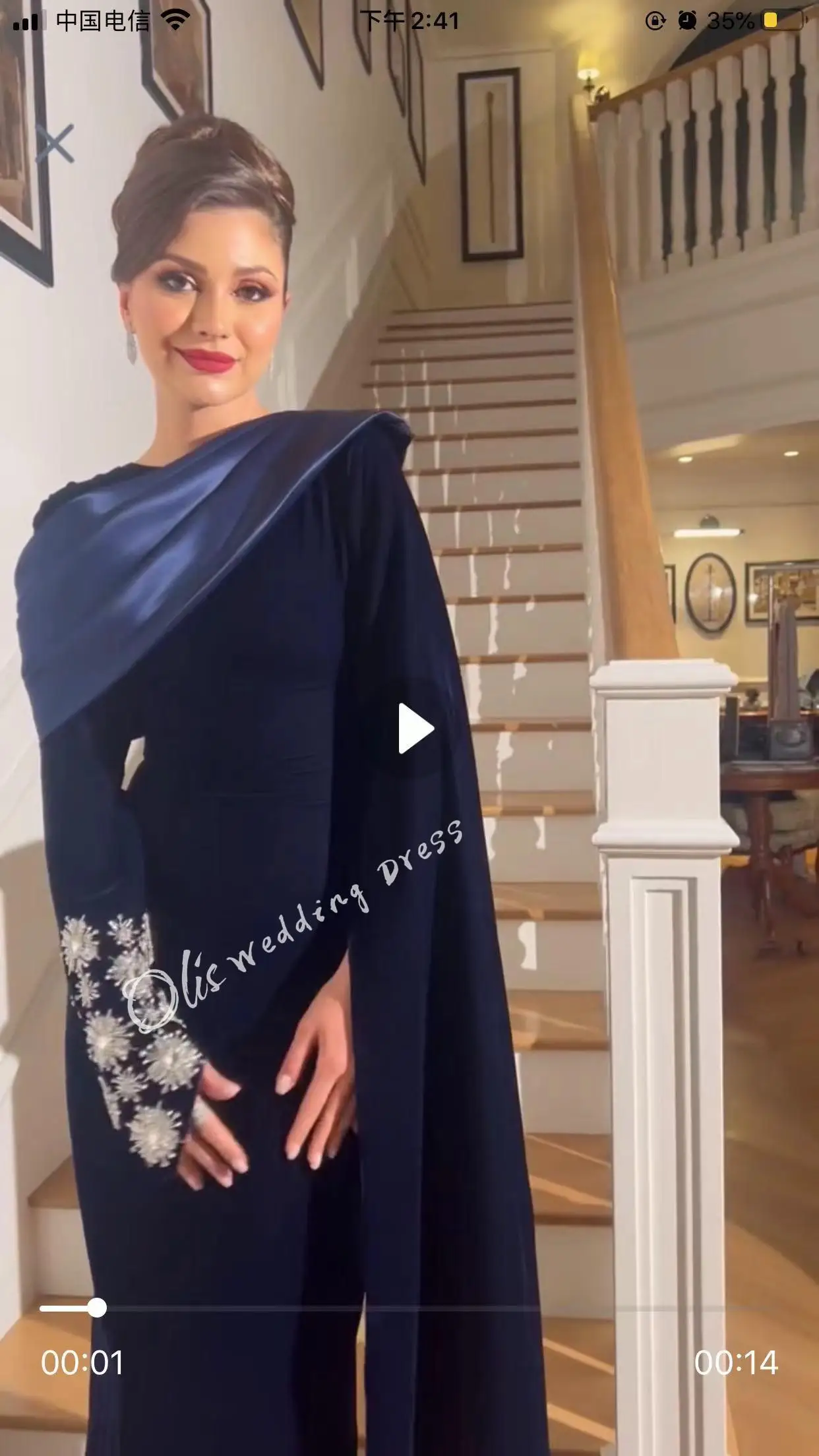 customized Custom Made Dubai Dark Blue Evening Dress with Crystal Flower Long Sleeve for Women Wedding Formal Gown