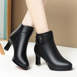 Comfortable Fashion Soft Leather Boots Women's Winter Cotton Fur Retro Elegant Office Mom Block High Heels Ankle Boots