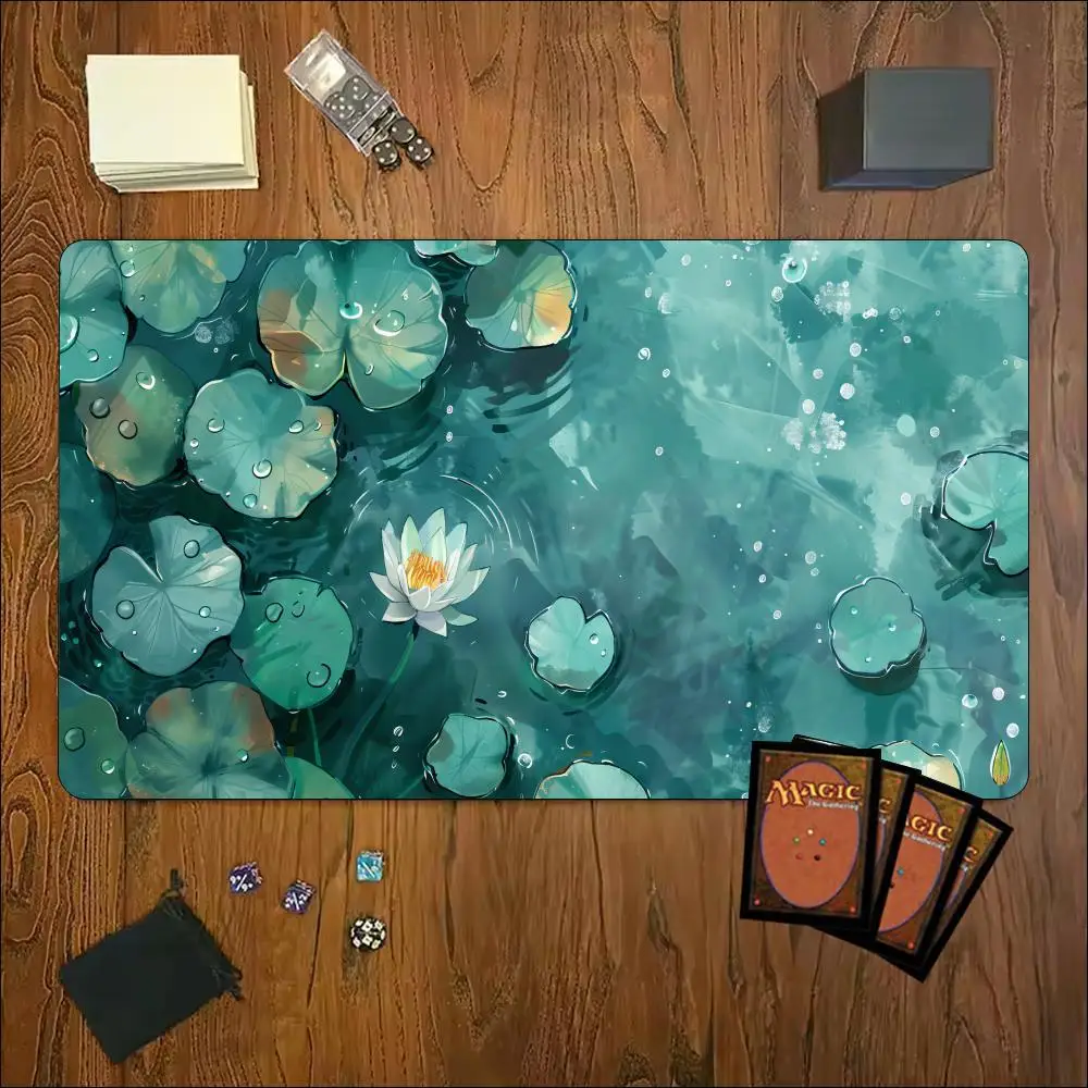 TCG Playmat Lotus Pond Koi Fish Art Card Game Mat Non Slip Stitched Edge Tabletop Trading Card Pad For Tabletop Card Gaming