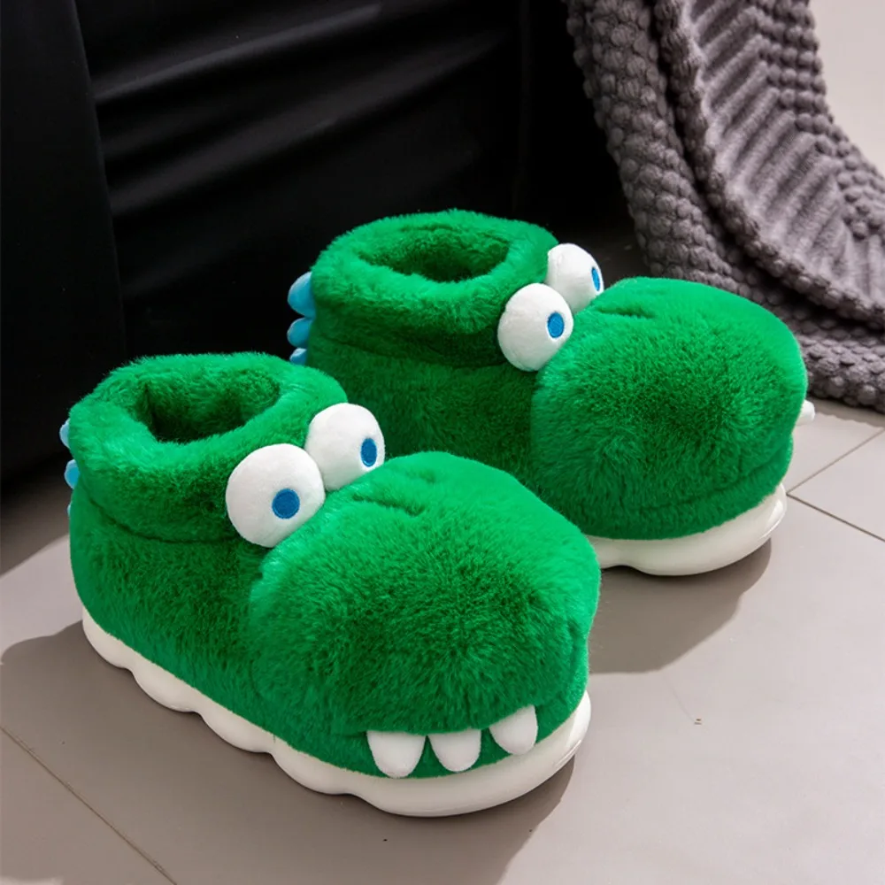 Stylish Crocodile Dinosaur Plush Slippers Cartoon Green Platform Flat Slippers Cute Floor Shoes Thicken Warm Slippers Winter