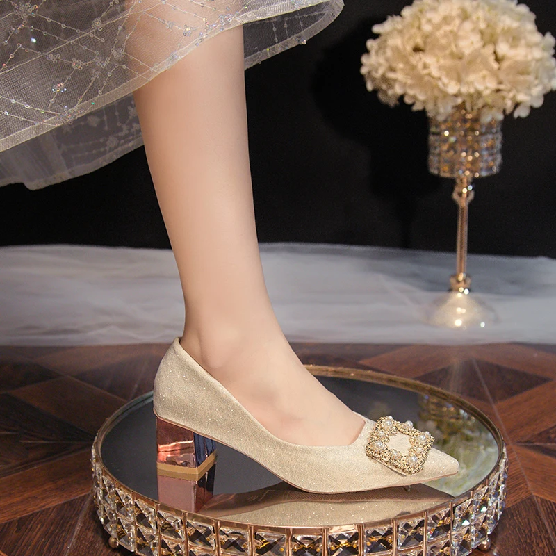 2024 Spring and Autumn Women's High Heels Pearl Chain Decorative Pointed Thin Heel Shoes Temperament Versatile High Heels 35-43