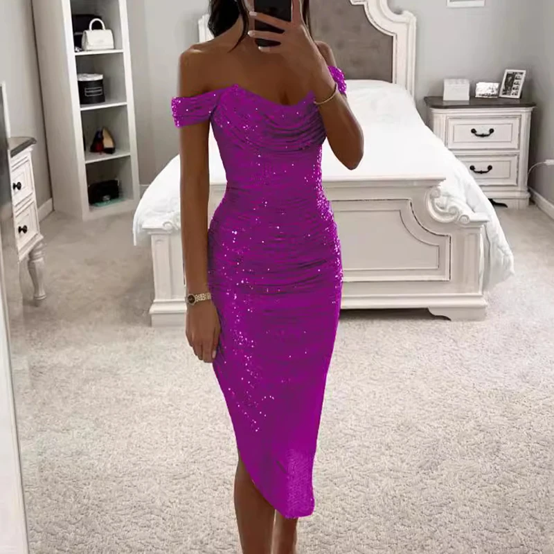 Elegant Solid Winter Banquet Dress Women 2024 One Shoulder Bodycon Party Dress Sexy Asymmetrical Shinny Glitter Folds Long Dress