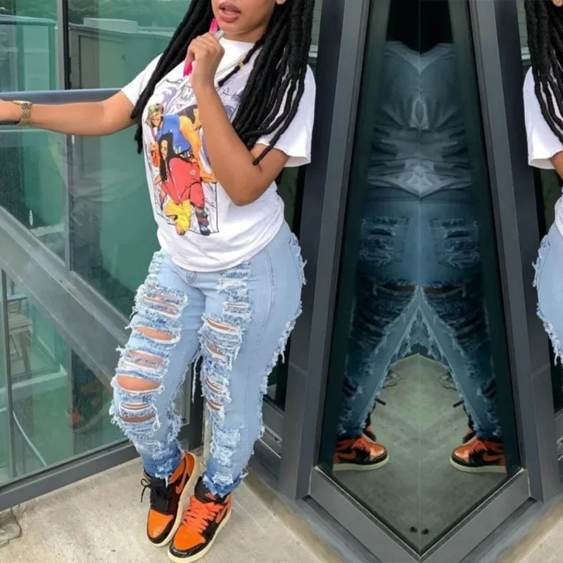 Jeans Panjang Pergelangan Kaki Celana Lubang Denim Pensil Wanita Celana Jeans Pinggang Tinggi Saku Robek Pakaian Jalanan Skinny Kancing Dicuci Tertekan