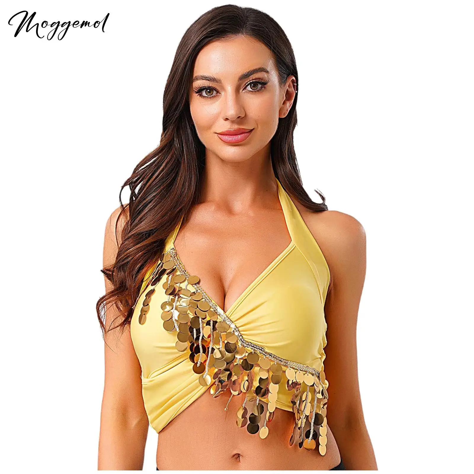 Womens Buikdans Vest Hollow Out Bh Halter V-hals Pailletten Kwastje Bh Dance Crop Top voor Dance Class Performance Club