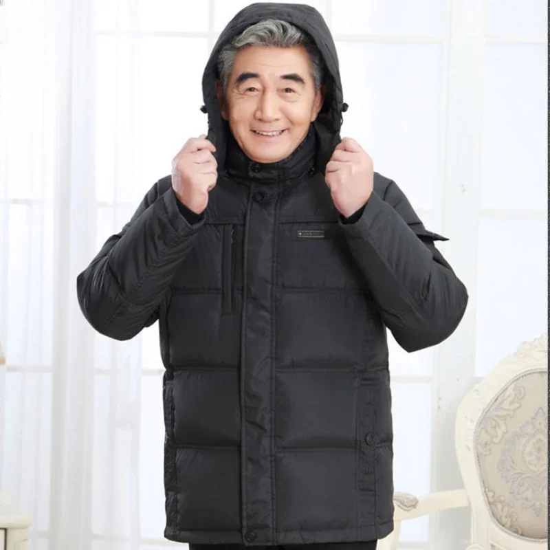 Thicken Warm Casual Men Outwear Large Size Detachable Hat Winter New Style Down Jacket Solid Color White Duck Down Parkas 2023